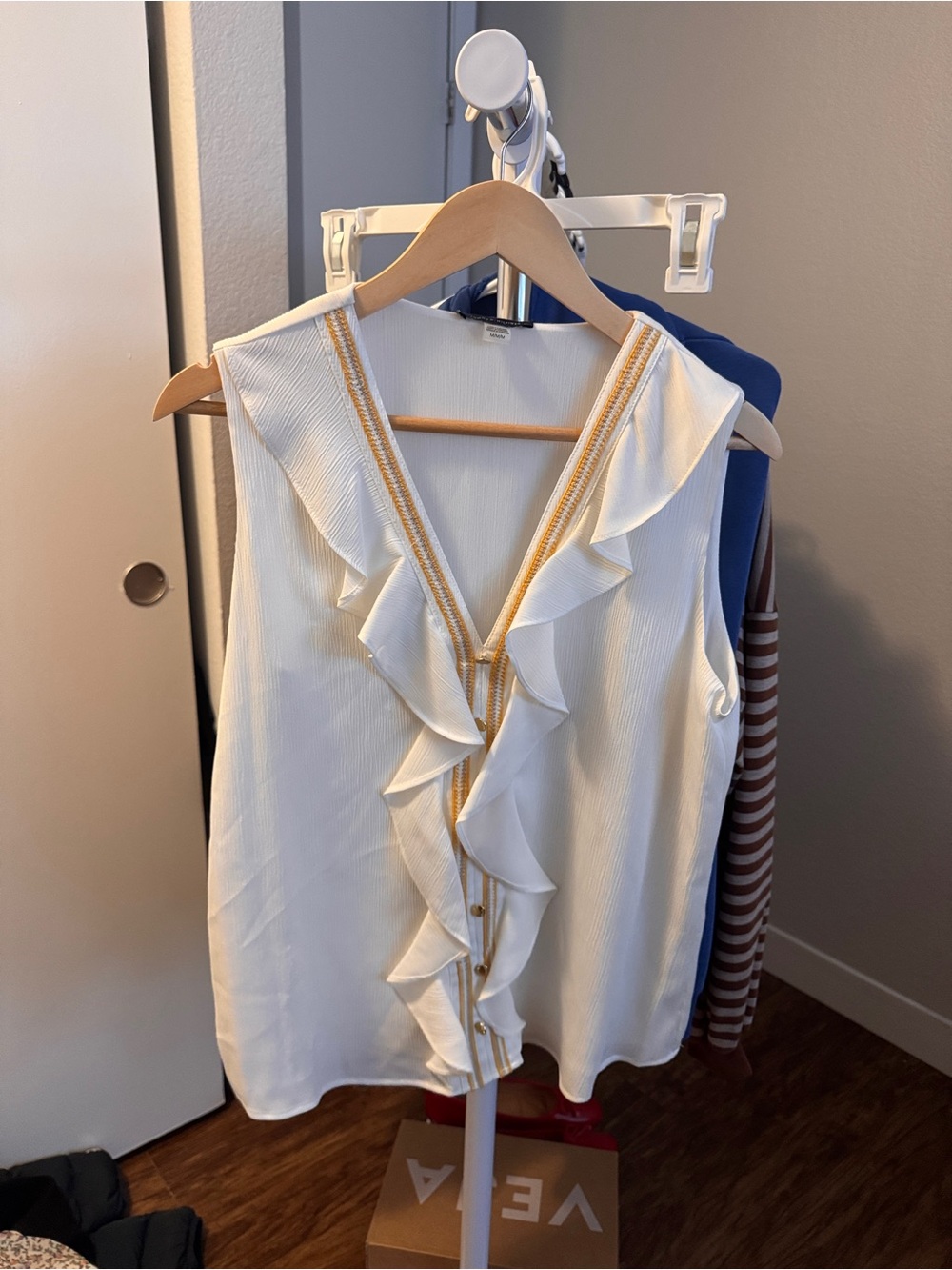 Tommy Hilfiger White Ruffle V-Neck Tank with Gold Trim
